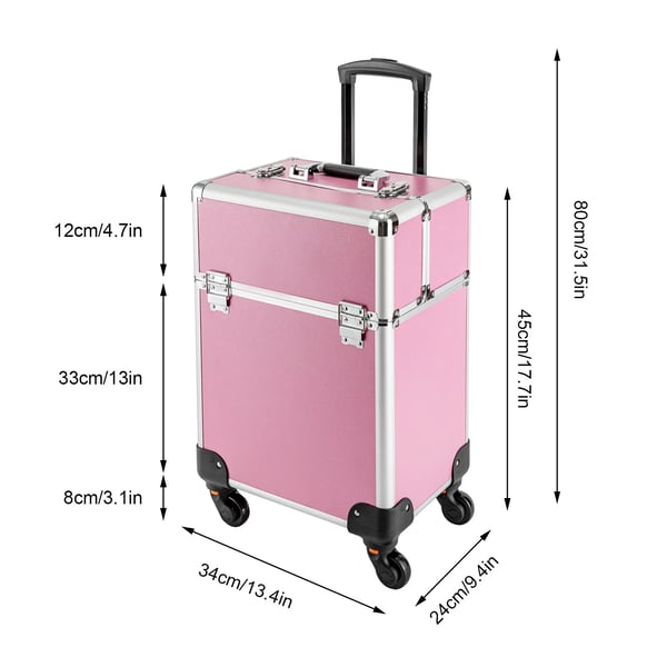 Makeupkuffert På Hjul - Trolley - 20–35 L - 4 Bakker - 34×24×45 cm - Teleskophåndtag - Universelle Hjul - Pink
