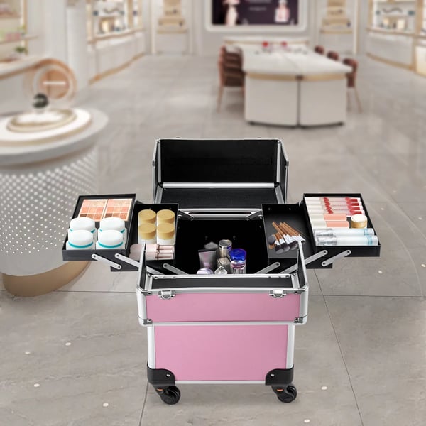 Makeupkuffert På Hjul - Trolley - 20–35 L - 4 Bakker - 34×24×45 cm - Teleskophåndtag - Universelle Hjul - Pink