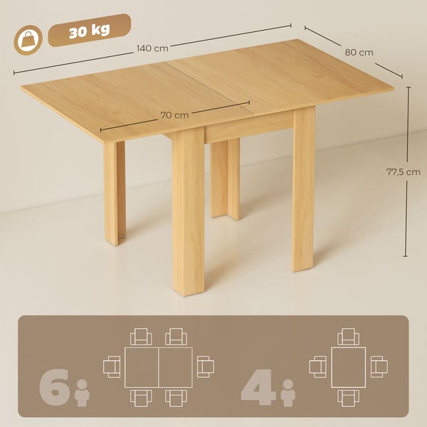 Matbord - Utdragbart - 70–140x80 cm - Rektangulärt - Melaminbelagt trä & stål - För 6 personer - Naturträ