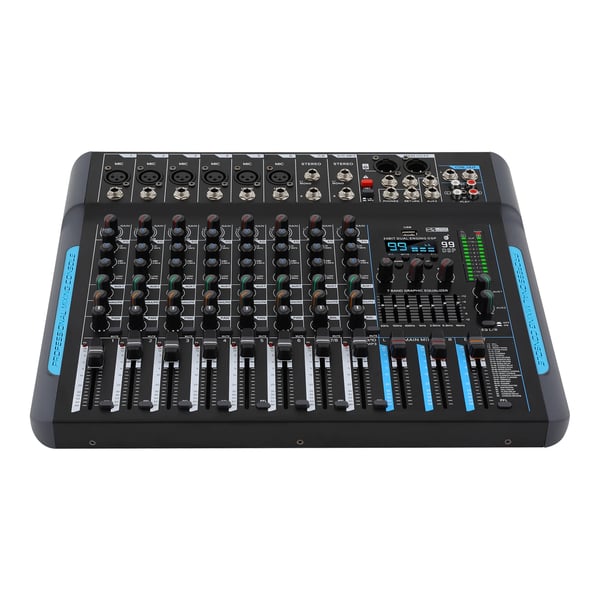 Ljudmixer - 10-kanals mixerbord - Stereo - För dynamiska mikrofoner och gitarrer - Effekt 30 W - Metallchassi - Mått 41×34×4 cm - Svart