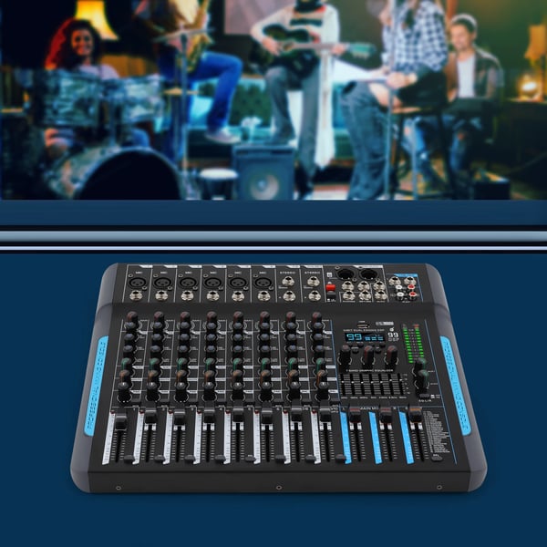 Lydmixer - 10-kanals mixer - Stereo - Til dynamiske mikrofoner og guitarer - Effekt 30 W - Metalhus - Mål 41×34×4 cm - Sort