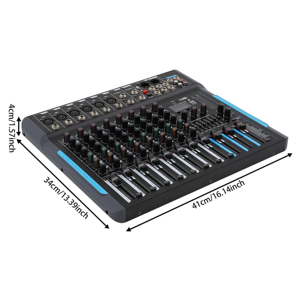 Lydmixer - 10-kanals mixer - Stereo - Til dynamiske mikrofoner og guitarer - Effekt 30 W - Metalhus - Mål 41×34×4 cm - Sort