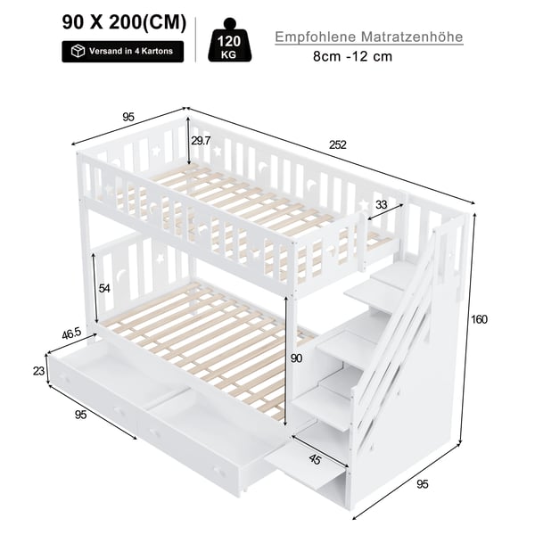 Børneseng - Køjeseng 90x200 cm - Massivt Træ - Sikkerhedstrappe med Opbevaring - 2 Store Skuffer - Sengegelænder - Hvid