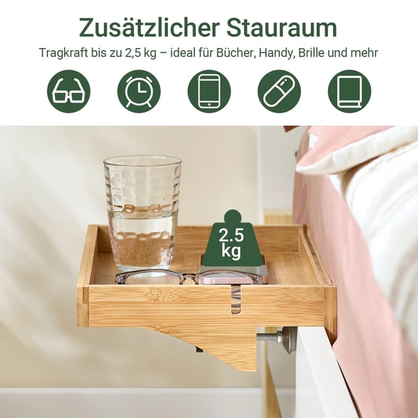 Sengehylde - Klemmefast sengebakke - Kabelspor - Holder til mobil og fjernbetjening - Træ - 36×9×25 cm - Natur
