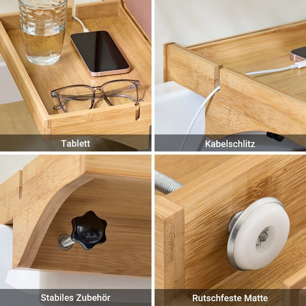Sengehylde - Klemmefast sengebakke - Kabelspor - Holder til mobil og fjernbetjening - Træ - 36×9×25 cm - Natur