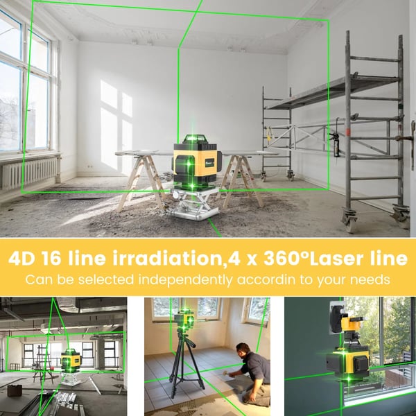 Lasertasain Ristiviivalaser - 4D16 - 16 Viivaa - 360° Itsetasaava - Punainen/Sininen/Vihreä Laser - Tarkkuus 0,2 mm/m - IP54 - Akku Mukana