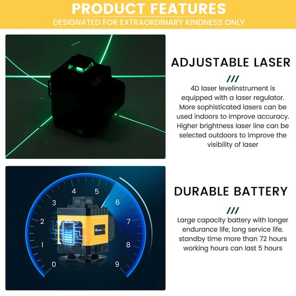 Lasertasain Ristiviivalaser - 4D16 - 16 Viivaa - 360° Itsetasaava - Punainen/Sininen/Vihreä Laser - Tarkkuus 0,2 mm/m - IP54 - Akku Mukana