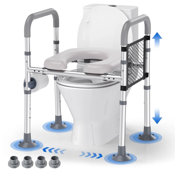 Toiletforhøjer - Med håndtag - Højdejusterbar 6 trin - Justerbar bredde - Forstærket skridsikkert design - CE-certificeret - Nem montering - Lysegrå