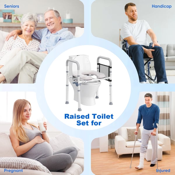 Korotettu WC-istuin - Käsituilla - Korkeussäätö 6 tasoa - Leveyssäädettävä - Vahvistettu liukuestepinta - CE-sertifioitu - Helppo asennus