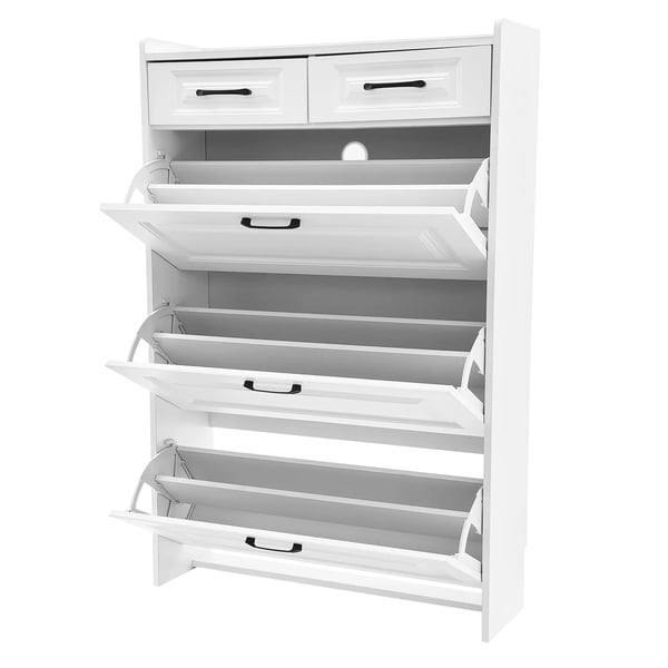 Skoskab - Vippeskuffe Skab - 3 Vippeskuffer + 2 Skuffer - Justerbare Skilleplader - 80×24×120 cm - Rummer 16–20 Par - Til Entré - Hvid