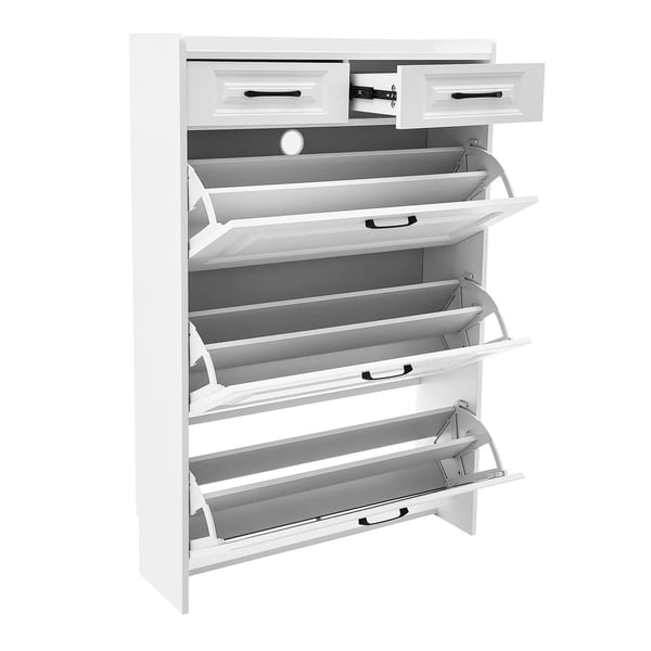 Skoskab - Vippeskuffe Skab - 3 Vippeskuffer + 2 Skuffer - Justerbare Skilleplader - 80×24×120 cm - Rummer 16–20 Par - Til Entré - Hvid