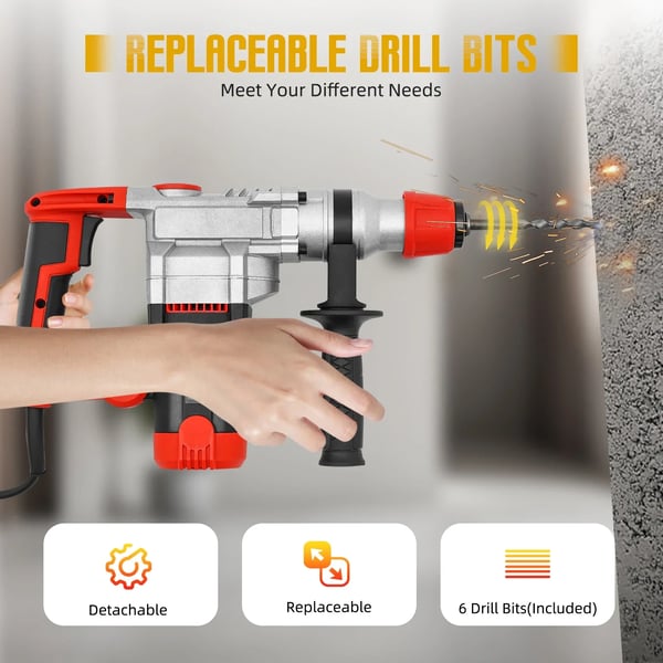 Borhammer - Roterende Hammerbor - 2200 W - 220 V EU-stik - 0–930 o/min, 3300 slag/min - 50 Hz - 6,8 kg - Rød