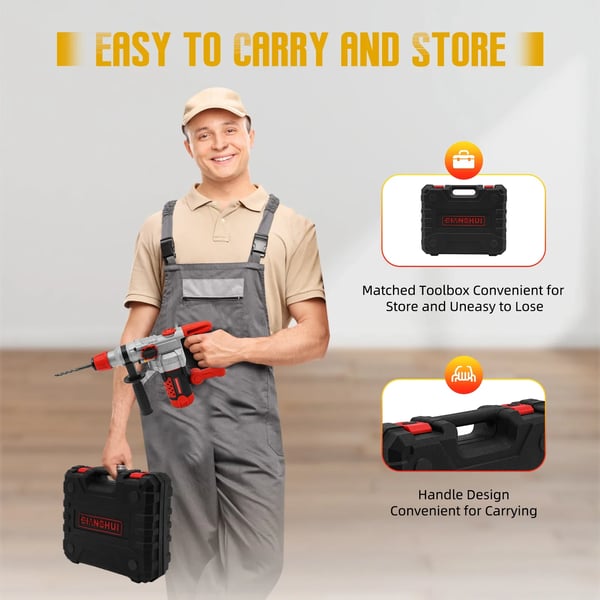 Borhammer - Roterende Hammerbor - 2200 W - 220 V EU-stik - 0–930 o/min, 3300 slag/min - 50 Hz - 6,8 kg - Rød