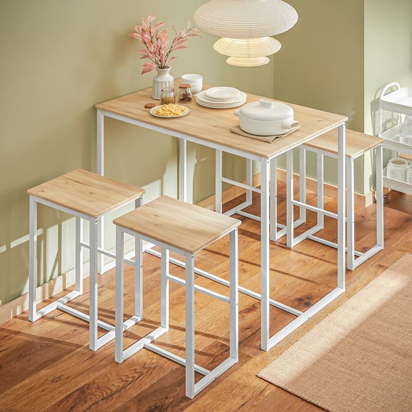 Barbord-sæt med 4 barstole - OGT15-WN - 5-delt - Bord + 4 barstole - Træ - Minimalistisk moderne - Kræver montering - Ikke foldbar - Hvid/natur