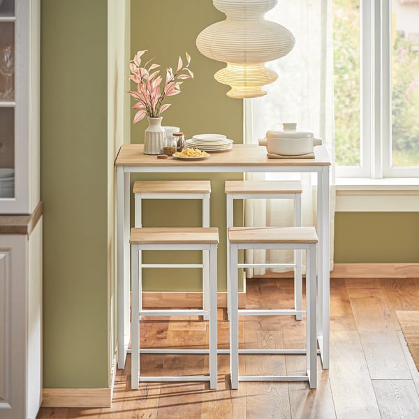 Barbord-sæt med 4 barstole - OGT15-WN - 5-delt - Bord + 4 barstole - Træ - Minimalistisk moderne - Kræver montering - Ikke foldbar - Hvid/natur