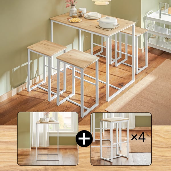 Barbord-sæt med 4 barstole - OGT15-WN - 5-delt - Bord + 4 barstole - Træ - Minimalistisk moderne - Kræver montering - Ikke foldbar - Hvid/natur