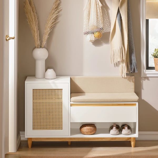 FSR128 Skobænk med opbevaring - Siddebænk/Skoreol - 3 Skuffer - Træ - Moderne - Samling påkrævet - Hvid