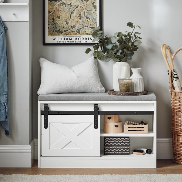 Skobænk med sæde - Skoskab - 2 skydedøre - Smalt design - Træ - Moderne minimalistisk - Hvid