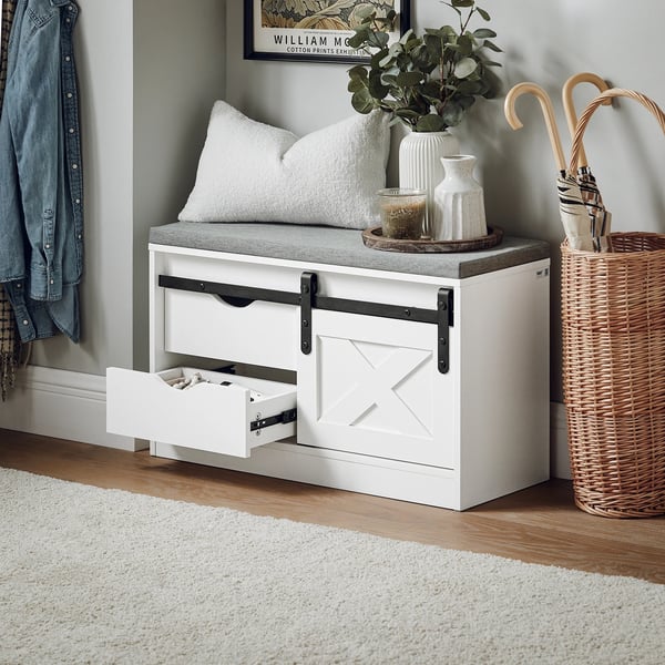 Skobænk med sæde - Skoskab - 2 skydedøre - Smalt design - Træ - Moderne minimalistisk - Hvid
