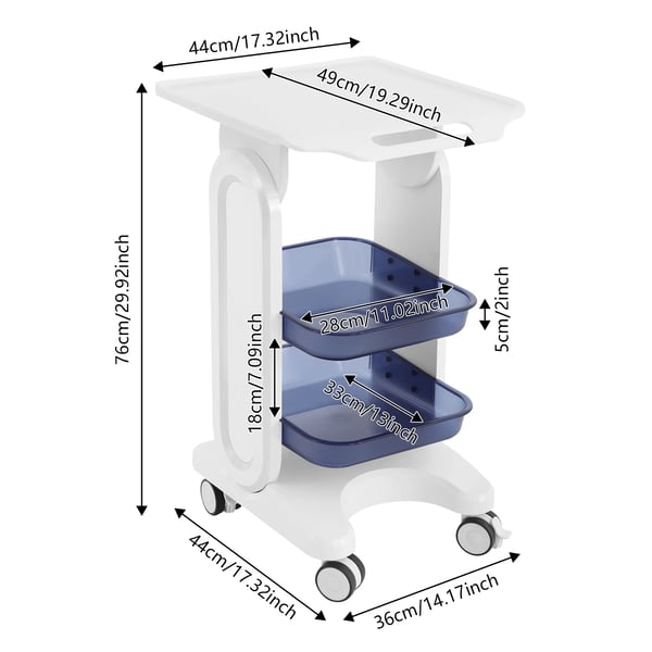 Salonvogn/Medicinvogn - 3 Niveauer - Polycarbonat (PC) - Med Håndtag - 44×36×76 cm - Bakker 33×28×5 cm - Blå