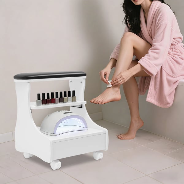 Pedicure skammel - Fodstøtte - Med hjul - Skuffe - Aftagelig - Til fodbad & pedicure - Samling kræves - Hvid