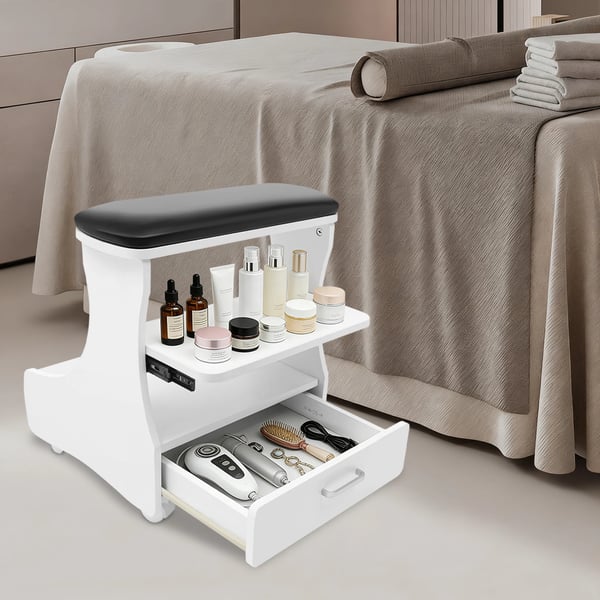 Pedicure skammel - Fodstøtte - Med hjul - Skuffe - Aftagelig - Til fodbad & pedicure - Samling kræves - Hvid