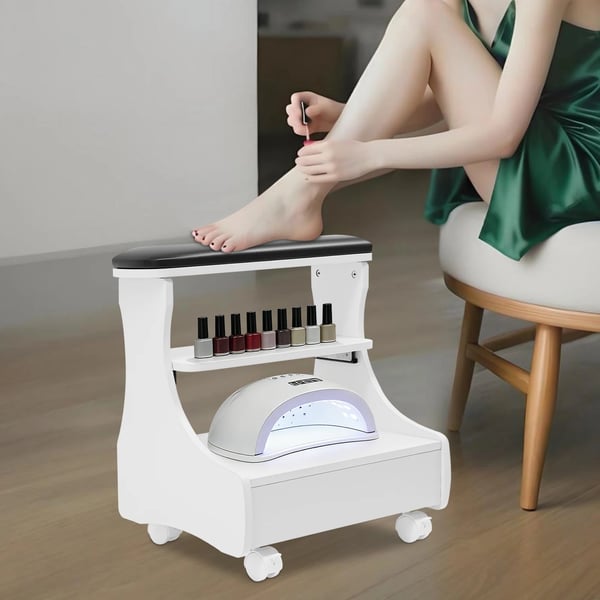 Pedicure skammel - Fodstøtte - Med hjul - Skuffe - Aftagelig - Til fodbad & pedicure - Samling kræves - Hvid