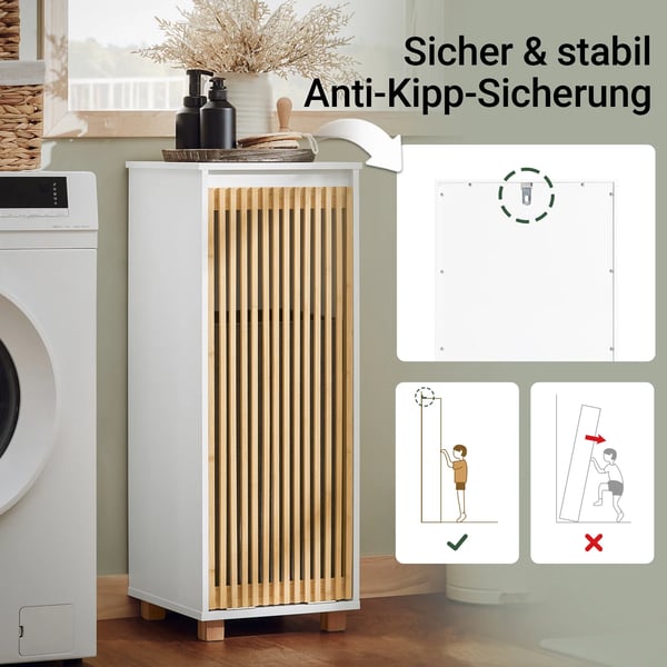 Vasketøjsskab med udklappelig vasketøjspose - BZR126-W - Træ - Fritstående - Samling påkrævet - Mål 32×85×33 cm - Hvid