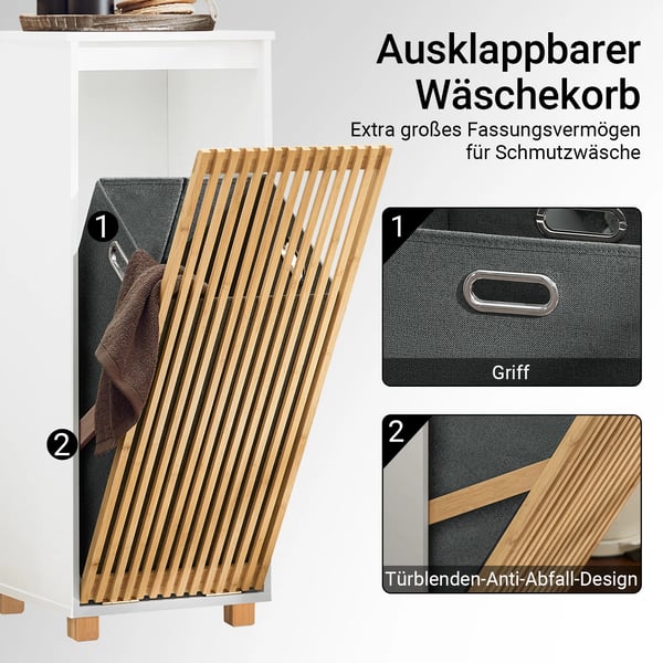 Vasketøjsskab med udklappelig vasketøjspose - BZR126-W - Træ - Fritstående - Samling påkrævet - Mål 32×85×33 cm - Hvid