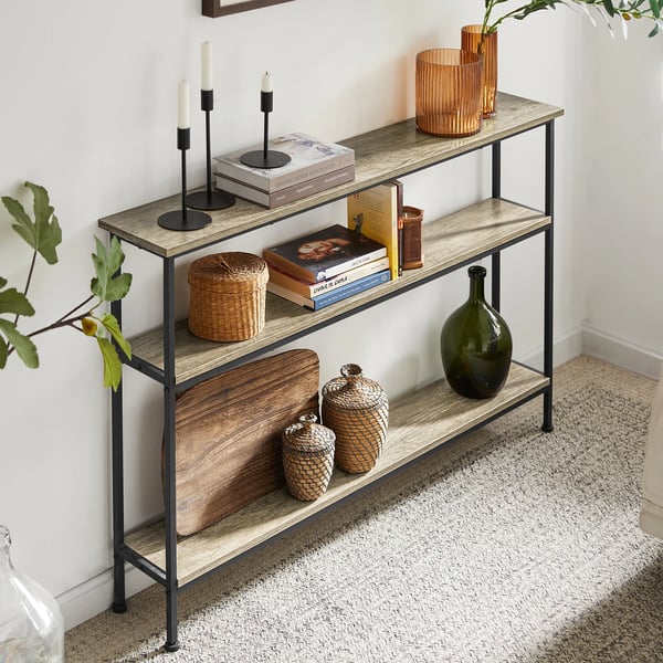 Konsolipöytä - Kapea käytävä-/sivupöytä 120x20x77 cm - 3 hyllytasoa - Metallirunko - Suorakulmainen - Vaaleanharmaa
