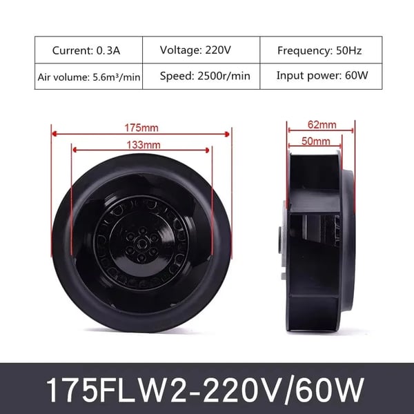 Radial/centrifugalfläkt - 175FLW2 - 220V AC - 60 W - Lågt Tryck - Borstad Motor - Industriell Användning - Guld