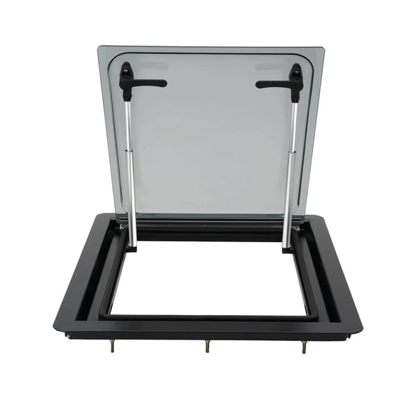 Skydevindue - Autocamper/campingvogn - 45 x 50 cm - 70° åbning - Rullegardin & myggenet - Sort