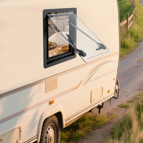 Skydevindue - Autocamper/campingvogn - 45 x 50 cm - 70° åbning - Rullegardin & myggenet - Sort