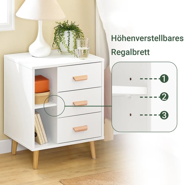 Sengebord Natbord - FBT95-W - 3 Skuffer - 2 Åbne Rum - Træ - Minimalistisk Moderne - Montering Påkrævet - Uden Hjul - Hvid