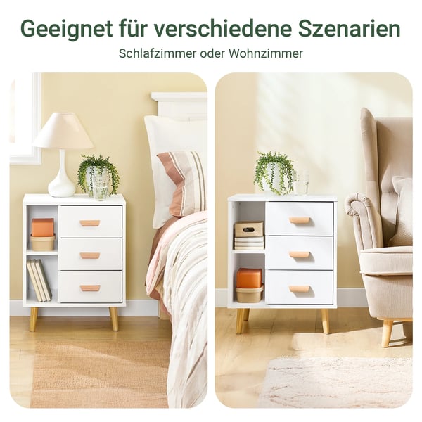 Sengebord Natbord - FBT95-W - 3 Skuffer - 2 Åbne Rum - Træ - Minimalistisk Moderne - Montering Påkrævet - Uden Hjul - Hvid