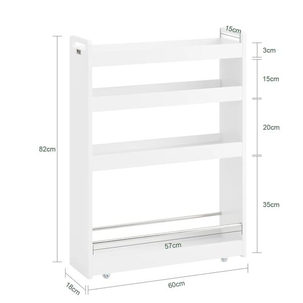 Smal opbevaringsvogn på hjul - NSR01-W - 3 Skuffer - 18×82×60 cm - Til Køkken og Badeværelse - Hvid