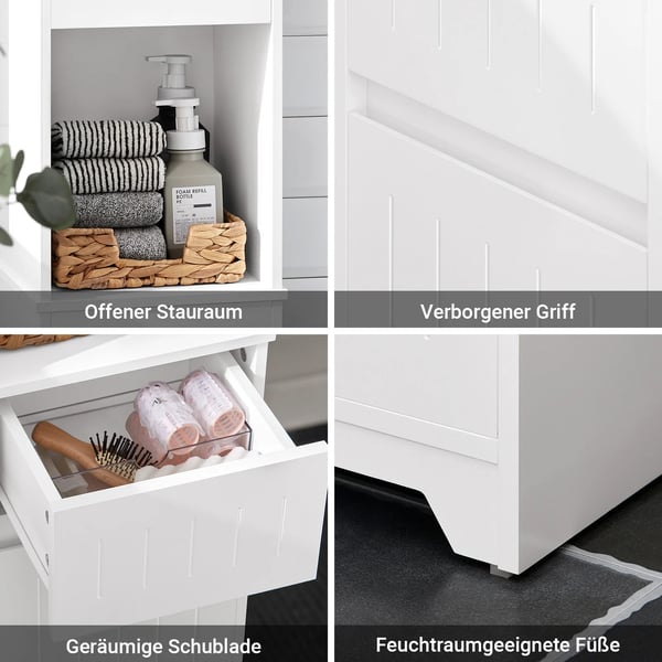 Badeværelseshøjskab smalt - BZR109-W - Fritstående, Træ, Lakeret overflade, Længde under 60 cm, Samling kræves - Hvid