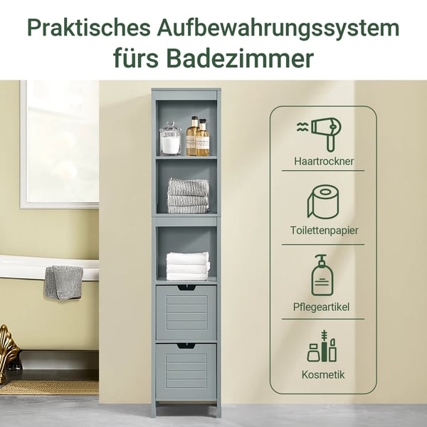 Badeværelseshøjskab - Badskab - 30x145x30 cm - Træ - Fritstående - Med hylder - Samling kræves - Lysegrå