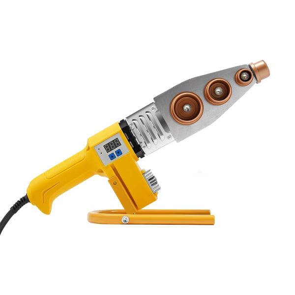 Plastrørsvejser - PPR/PB/PE muffesvejser - Diameter 20–63 mm - Effekt 850 W, 220 V - Justerbar 0–380 °C - Digitalt display - Seks dyser - Gul