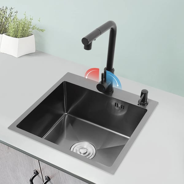 Køkkenvask - Enkeltkumme - 45 x 45 x 18 cm - Rustfrit stål med nano-coating - Udtræksarmatur - 2 huller - Sort