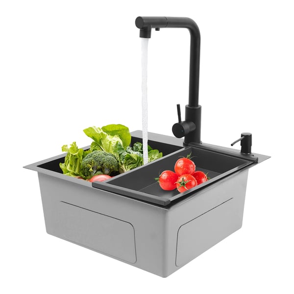 Køkkenvask - Enkeltkumme - 45 x 45 x 18 cm - Rustfrit stål med nano-coating - Udtræksarmatur - 2 huller - Sort