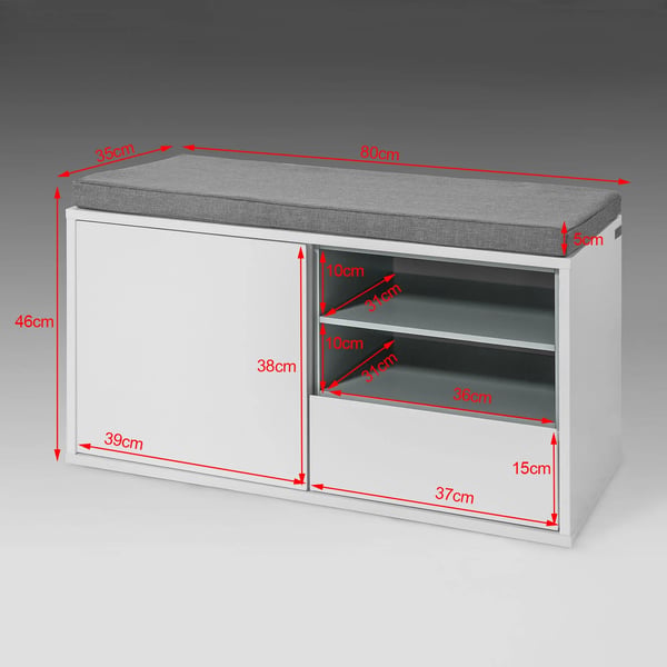 Skobænk med siddepude - Entrebænk - 1 Skuffe - Opbevaring Til Sko - Træ - 80x46x35 cm - Minimalistisk Moderne - Montering Kræves - Hvid