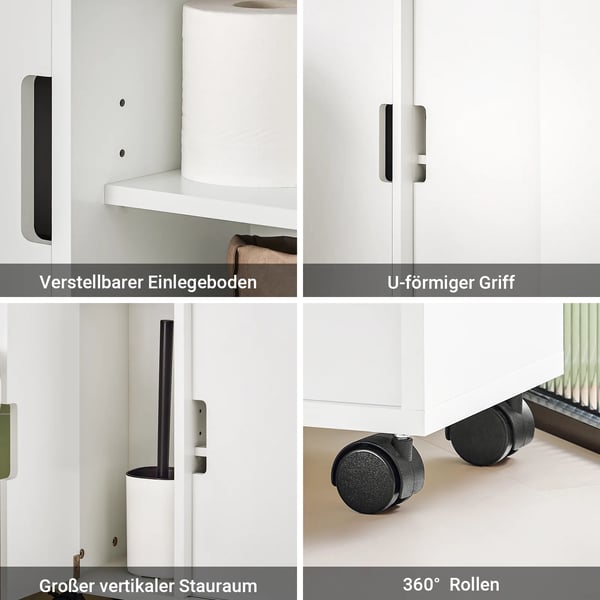 Rullevogn - Badeværelsesvogn - 2 hylder & 2 bakker - Træ - Med hjul - Kompakt <60 cm - Hvid