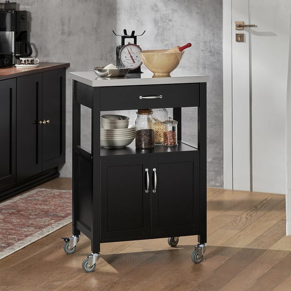 Køkkenvogn/Serveringsvogn - FKW22-SCH - Arbejdsplade i træ - Med hjul - Hyldeopbevaring - Samling kræves - 60×92×45 cm - Sort