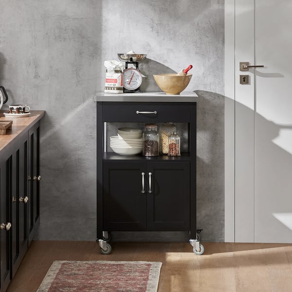 Køkkenvogn/Serveringsvogn - FKW22-SCH - Arbejdsplade i træ - Med hjul - Hyldeopbevaring - Samling kræves - 60×92×45 cm - Sort