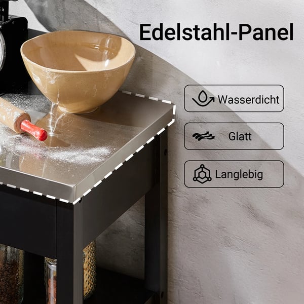 Køkkenvogn/Serveringsvogn - FKW22-SCH - Arbejdsplade i træ - Med hjul - Hyldeopbevaring - Samling kræves - 60×92×45 cm - Sort