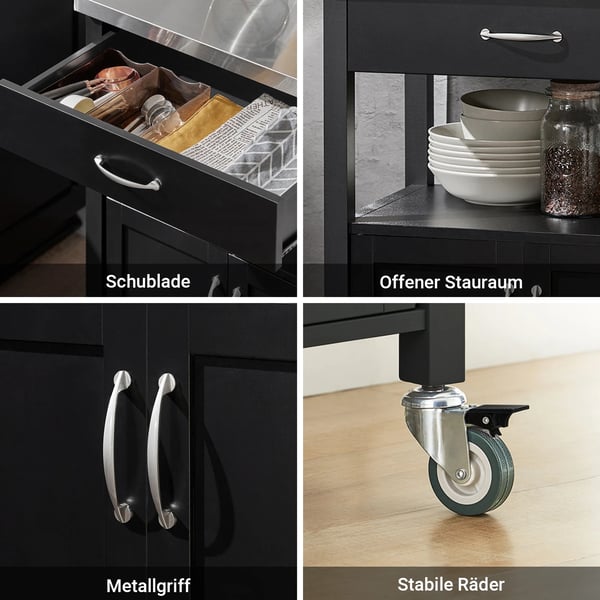 Køkkenvogn/Serveringsvogn - FKW22-SCH - Arbejdsplade i træ - Med hjul - Hyldeopbevaring - Samling kræves - 60×92×45 cm - Sort