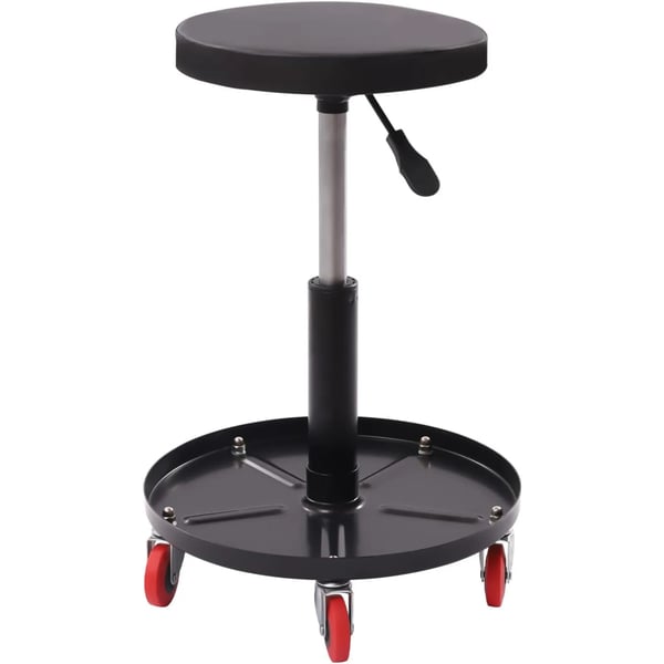 Værkstedsstol - Rulleskammel - Højdejusterbar - 6,35 cm Hjul - Rundt Sæde Ø30 cm - Stål + PU - Maks. belastning 136 kg - Sort