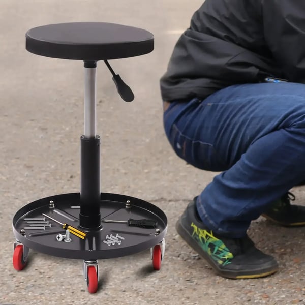 Værkstedsstol - Rulleskammel - Højdejusterbar - 6,35 cm Hjul - Rundt Sæde Ø30 cm - Stål + PU - Maks. belastning 136 kg - Sort
