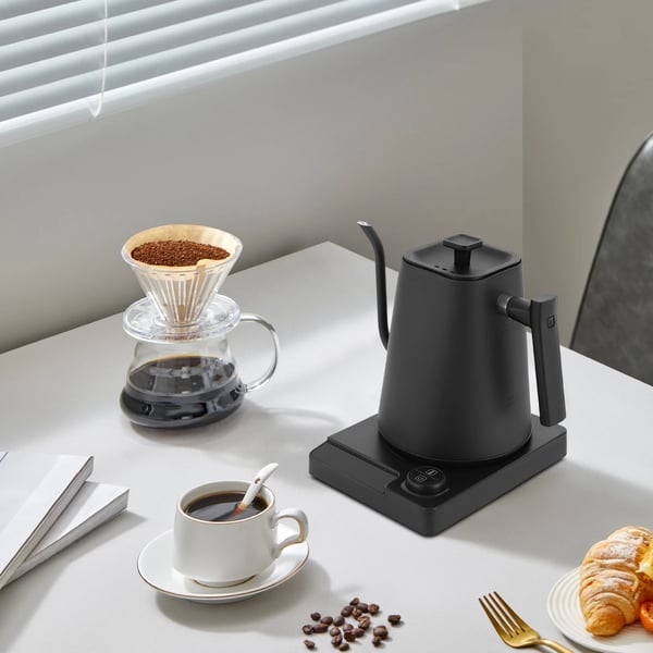 Elkedel til pour-over - Gooseneck-kande - 1200 W - 1 l - 40–100 °C temperaturstyring - 304 rustfrit stål - EU‑stik 220–240 V - Sort